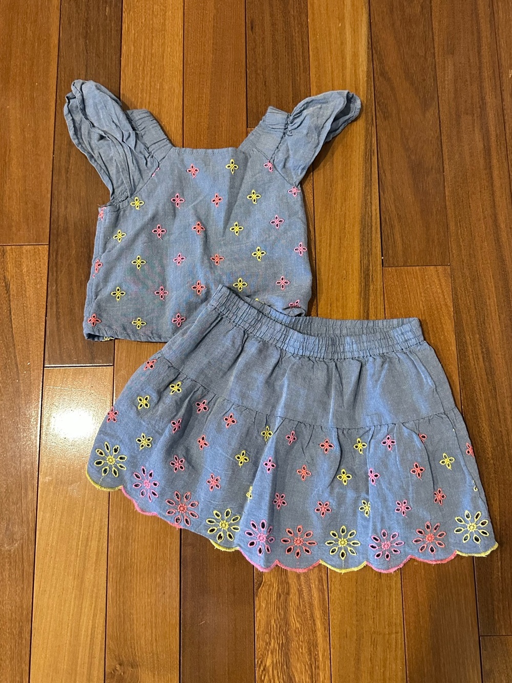 Girls chambray Eyelet Skirt and top- Pastel Embroidered Floral